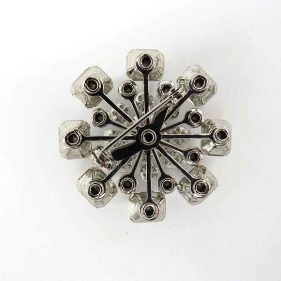 Vintage Rhinestone Brooch 1.5" Silver Tone Clear Round Square Stones Floral Pin - Picture 12 of 12